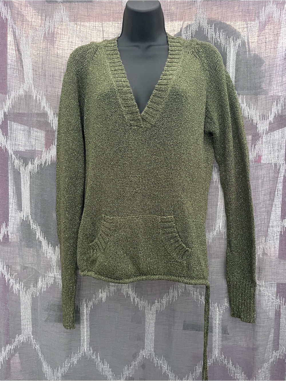 Soft Olive V-Neck Knit Sweater with Kangaroo Pocket